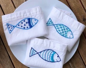 Hand Embroidered Linen Placemats, Fish Table Decor, Housewarming Gift