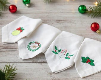 Embroidered Christmas Linen Napkins, Holiday Table Decor