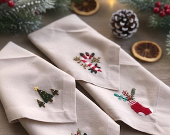 Christmas Linen Napkins,Hand Embroidery Napkin,Christmas Dinner Napkins,Holiday Dinner,Unique Christmas Gift,Personalized Handmade Napkins