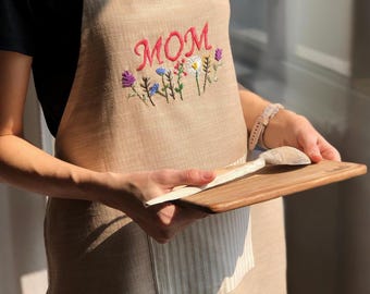 Hand Embroidered Linen Apron, Flower Garden Design, Personalized Gift
