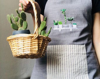 Handmade Cactus Embroidered Cotton Apron, Personalized Gift