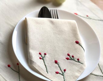 Embroidered Linen Dinner Napkin with Red Floral