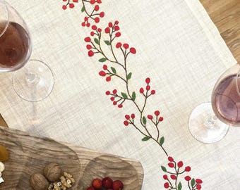 Large Linen Table Runner, Embroidery Table Runner, Hand Embroidery Rustic Table Runner, Dinner Decoration, Floral Tablecloth, New Home Gift