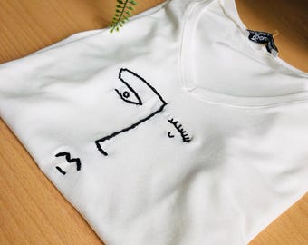 Hand Embroidered Viscose T-Shirt, Abstract Face, Personalized Gift
