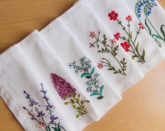 Hand Embroidered Linen Placemats, Wildflower Botanical, Set of 6/12