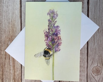Bumble Bee Flower Greeting Card: Handmade Coloured Pencil Art