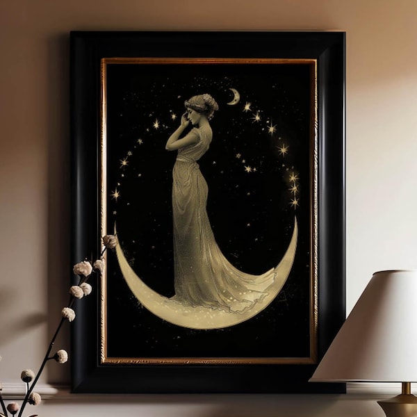 Mondfrauen Kunst, Mond Dame Druck, Halbmond Poster, Mondfrauen Malerei, himmlische Wanddekoration, Weinlese Mond Portrait, Mond Kaiserin Kunst
