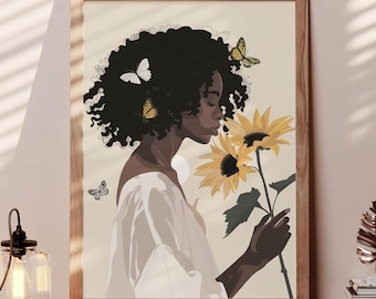 African Beauty Digital Art, Black Girl Gallery Decor, African Women Room Poster, Black Lady Retro Print, African American Feminine Painting