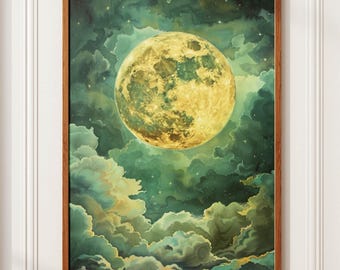 May include: A digital painting of a full moon in a green and yellow sky with clouds. The moon is a bright yellow with a textured surface.