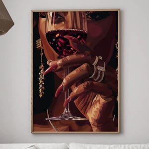 Ritratto di donna afroamericana, poster di vino di donna africana, arte stampabile femminile nera, dipinto di vino di ragazza nera, arredamento per la casa di donne nere