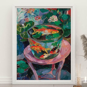 Arte digital de peces de colores, retrato de pared de peces de colores, póster imprimible de peces de colores, decoración minimalista de peces de colores, pintura de peces de colores en macetas, impresión de peces de colores