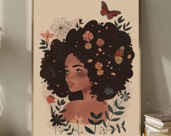 Black Girl Vintage Decor, African Lady Floral Art, Black Women Vintage Digital Print, Black Feminine Rustic Poster, African Female Portrait