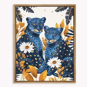 Arte stampabile con margherite, stampa leopardo boho, decorazione della galleria di ghepardi, poster floreale di camomilla, dipinto di ghepardo blu, ritratto astratto di ghepardo