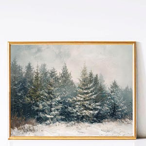 Arte della foresta innevata, stampa della foresta di pini, decorazione da parete in pino, pittura della casa in pino, poster digitale della foresta, ritratto stampabile della foresta, arte nordica del pino