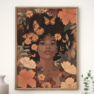 African Lady Digital Art, Black Girl Wall Decor, African Women Home Poster, Black Female Abstract Print, African Feminine Floral Painting