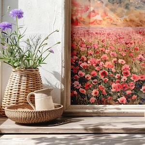 Arte de campo de amapolas rosas, póster imprimible de amapolas, pintura digital de amapolas, decoración floral para el hogar, retrato minimalista de flores, impresión botánica retro