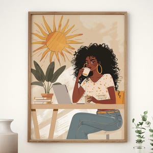 Black Lady Gallery Decor, African Women Digital Art, Afro American Female Poster, Black Girl Boho Painting, Black Feminine Bedroom Portrait