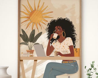 Black Lady Gallery Decor, Afrikanische Frauen Digitale Kunst, Afro-Amerikanerin Poster, Boho Schwarzes Mädchen Gemälde, Schwarzes Feminines Schlafzimmer Porträt