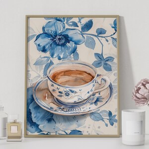 Tea Cup Home Decor, Floral Retro Art, Coffee Cup Printable Poster, Tea Cup Digital Print, Tea Cup Boho Portrait, Coffee Cup Wall Painting