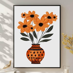 Flower Home Decor, Floral Art Portrait, Flower Printable Art, Floral Boho Poster, Botanical Digital Print, Botanical Room Painting, Vase Art
