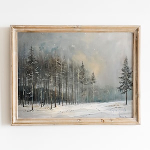 Ritratto di foresta innevata, decorazione scolastica con albero di pino, dipinto murale con albero di pino, poster per la casa con albero di pino, stampa vivace con foresta invernale, ritratto di pino