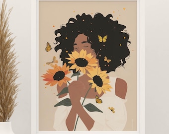 Black Girl Painting, Black Beauty Art, African Lady Portrait, Black Women Floral Poster, African Female Digital Print, Black Feminine Decor
