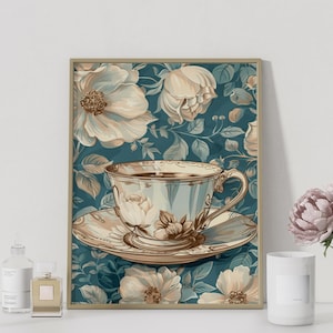 Coffee Cup Abstract Decor, Tea Cup Vibrant Print, Tea Cup Rustic Poster, Tea Cup Botanical Painting, Coffee Floral Art, Tea Cup Painting
