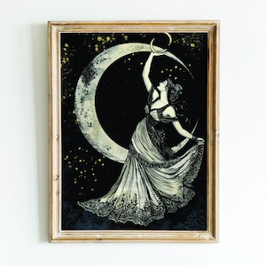 Crescent Moon Painting, Moon Vintage Poster, Moon Home Decor, Moon Boho Portrait, Celestial Women Art, Lunar Gallery Print, Lunar Retro Art