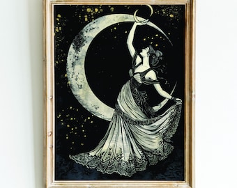 Crescent Moon Painting, Moon Vintage Poster, Moon Home Decor, Moon Boho Portrait, Celestial Women Art, Lunar Gallery Print, Lunar Retro Art