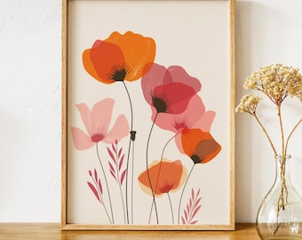 ポピーのオフィス装飾、ポピーガーデンの絵画、花のデジタルプリント、花の抽象画、植物のヴィンテージポートレート、花のミニマルポスター
