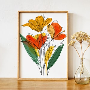 Art vintage tulipes, impression vibrante de tulipes, décoration florale pour la maison, affiche minimaliste de fleurs, peinture murale botanique, portrait floral pour chambre d'enfant
