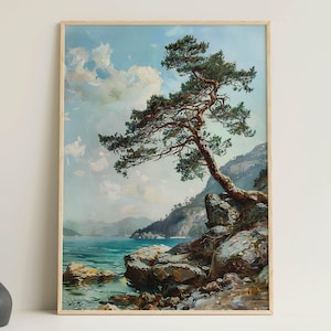 Stampa di pino sulla scogliera, dipinto vintage di pino, ritratto di albero sulla scogliera, arte rustica di pino, decorazione della galleria di pino, poster di pino