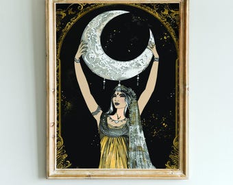 Lunar Empress Digital Print, Moon Women Home Decor, Celestial Lady Printable Art, Moon Vintage Poster, Lunar Rustic Portrait, Moon Painting