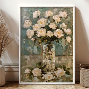 Arte digital de rosas brancas, pôster para impressão de rosas, pintura abstrata de rosas, retrato minimalista de rosas, decoração floral para casa, impressão vintage de flores