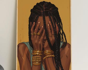 Afro American Lady Painting, African Female Home Decor, Black Women Digital Print, Black American Feminine Portrait, Afrocentric Girl Poster