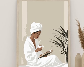 Black Women Bathroom Decor, Black Lady Bathrobe Art, African Female Digital Print, Afro American Girl Poster, African Feminine Boho Painting