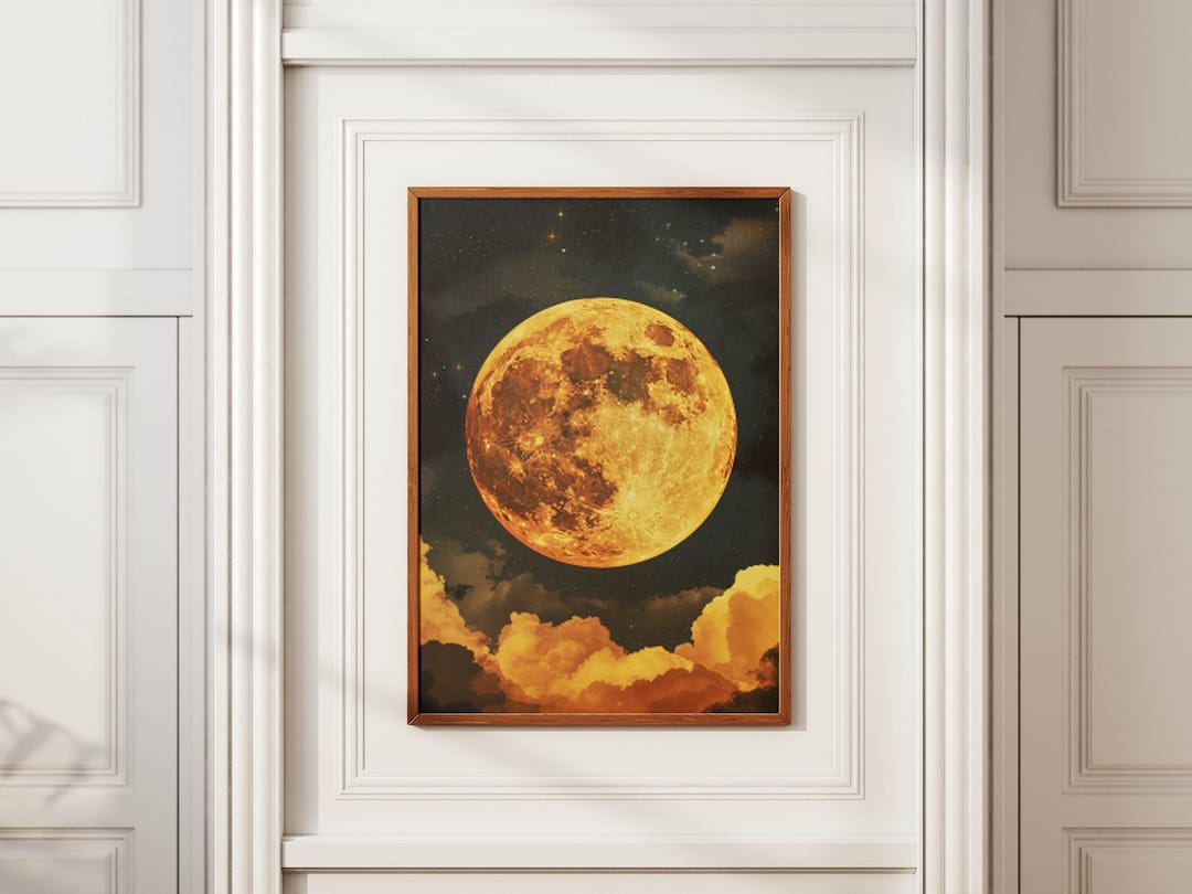 Vintage Moon Art, Moon Retro Poster, Moon Digital Painting, Moon Retro ...