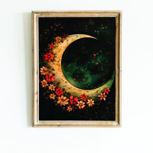 Moon Bedroom Painting, Crescent Moon Poster, Lunar Wall Art, Celestial Home Decor, Moon Abstract Print, Floral Digital Portrait, Flower Art