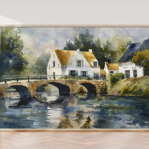Vintage River Art, European Village Print, River Digital Painting, Cottage Printable Poster, Belgium Bruges Portrait, Old Town Home Decor