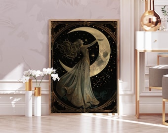 Moon Feminine Rustic Art, Moon Lady Home Decor, Celestial Female Vintage Portrait, Moon Bedroom Painting, Lunar Digital Print, Moon Room Art