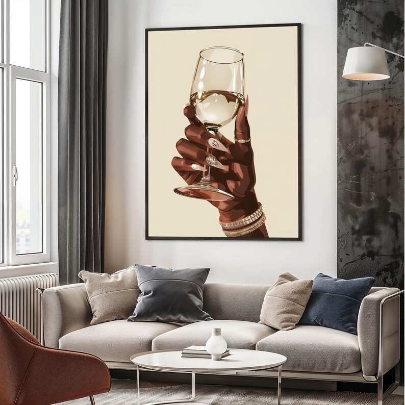 Afrocentric Female Boho Art, Lady Wine Print, Black Lady Abstract Decor, Afrocentric Female Art, Black Lady Retro Art, Afrocentric Female Vintage Art, Black Women Room Decor, Lady Cheers Print, African Women Printable Art, Afrocentric Beauty Portrait