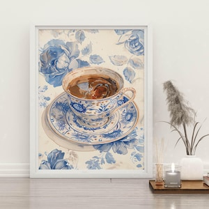 May include: A watercolor painting of a blue and white teacup and saucer with a brown liquid inside. The teacup and saucer are decorated with a floral pattern. The background is a white and blue floral pattern.