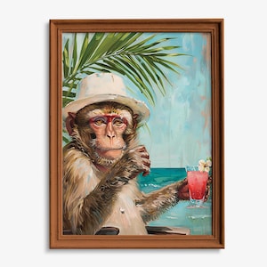 Arte de barra de mono, impresión de playa de mono, pintura de cóctel de mono, póster tropical de mono, retrato de jugo de mono, decoración boho de mono, impresión de mono