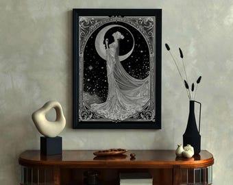 Vintage Moon Painting, Moon Lady Boho Art, Moon Abstract Portrait, Celestial Rustic Print, Lunar Vintage Decor, Celestial Empress Poster