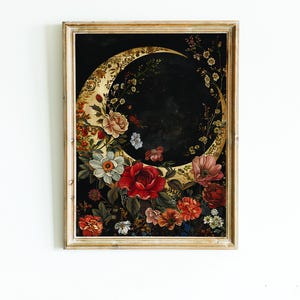 Moon Vintage Art, Crescent Moon Print, Lunar Room Decor, Flower Nursery Poster, Botanical Moon Painting, Moon Rustic Portrait, Moon Portrait