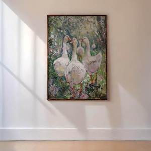 Duckling Cottage Print, Geese Abstract Poster, Duckling Vintage Art, Geese Neutral Portrait, Duck Office Decor, Duckling Nursery Painting
