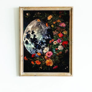 Full Moon Painting, Moon Vintage Portrait, Moon Printable Art, Botanical Minimalistic Print, Floral Nursery Decor, Celestial Gallery Poster