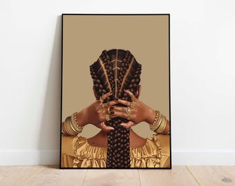 African Girl Office Decor, Black Women Bedroom Poster, Afrocentric Female Printable Painting, Black Beauty Digital Art, , African Girl Print