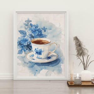 Peinture abstraite de tasse de thé, affiche vintage de tasse de thé, décoration de cuisine de tasse de thé, portrait rétro de tasse de thé, art de pays de tasse de thé, décoration florale de tasse de thé