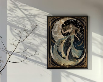 Moon Girl Vintage Print, Moon Lady Abstract Poster, Celestial Female Rustic Art, Moon Women Gallery Decor, Crescent Moon Nursery Painting